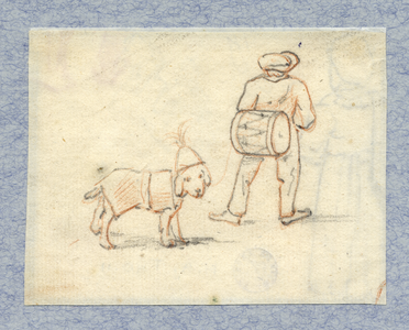 39598 Afbeelding van een man met een trommel op zijn rug en een aangeklede hond tijdens een kermis te Utrecht.